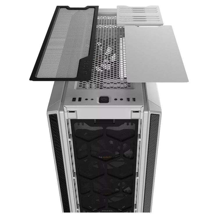 Boîtier PC be quiet! avec ses panneaux latéraux et supérieur détachés, montrant la structure interne et les grilles de ventilation.