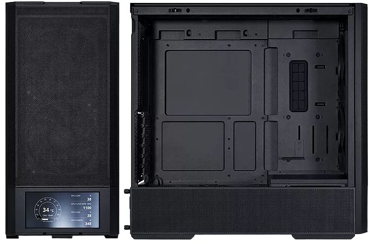 Boîtier PC noir avec un panneau avant texturé intégrant un petit écran LCD affichant les températures et les fréquences du processeur et de la carte graphique.