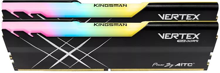 Deux barrettes de mémoire vive Kingsman Vertex RGB DDR5 avec un éclairage multicolore et un design noir texturé.