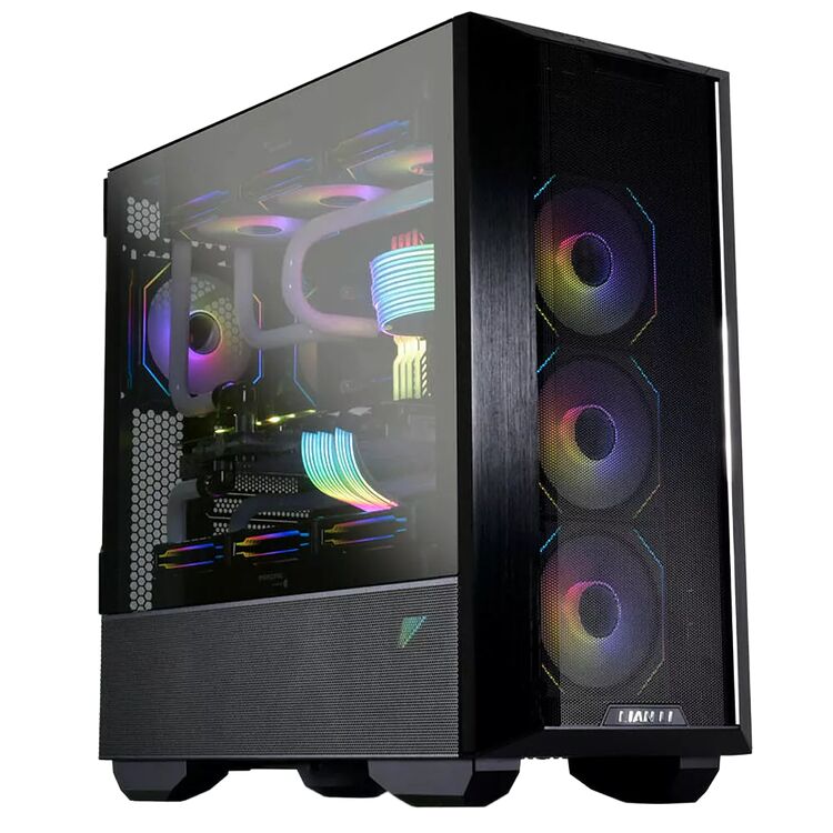 Un boîtier PC avec une façade en mesh noir et un panneau latéral en verre trempé, laissant apparaître des composants avec un éclairage RGB multicolore.