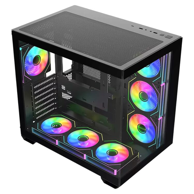 Boîtier PC avec panneau latéral en verre trempé et six ventilateurs RGB installés sur les côtés et à l'avant.