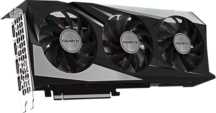 Carte graphique Gigabyte avec trois ventilateurs de refroidissement et un design noir et argenté.