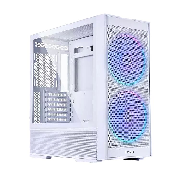 Boîtier PC blanc Lian Li avec deux ventilateurs avant dotés d'un éclairage RGB multicolore et une paroi latérale en verre trempé.