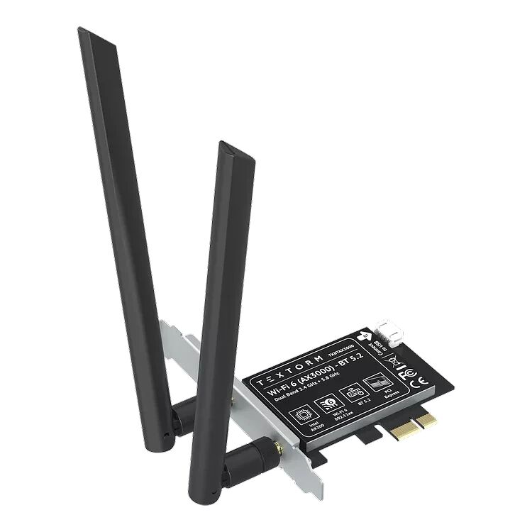 Carte réseau PCIe Textorm avec deux antennes pour le Wi-Fi 6 et le Bluetooth 5.2.
