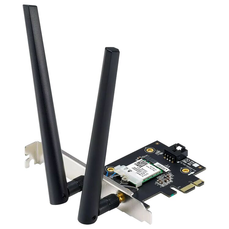 Carte réseau PCIe avec deux antennes noires pour une connexion Wi-Fi et Bluetooth.