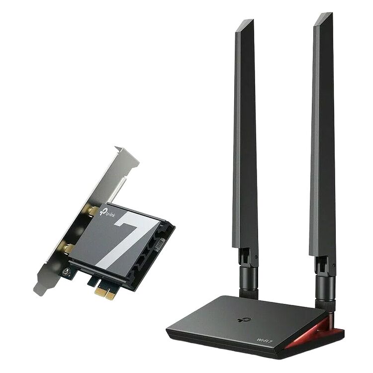 Une carte réseau PCIe TP-Link accompagnée d'un routeur Wi-Fi 7 noir avec deux grandes antennes.