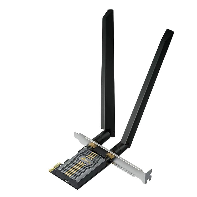 Carte réseau PCIe TP-Link avec deux antennes noires pour une connexion Wi-Fi stable.