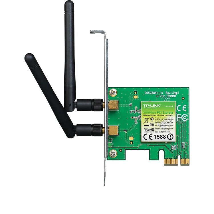 Carte réseau PCI Express TP-Link avec deux antennes noires pour une connexion Wi-Fi.