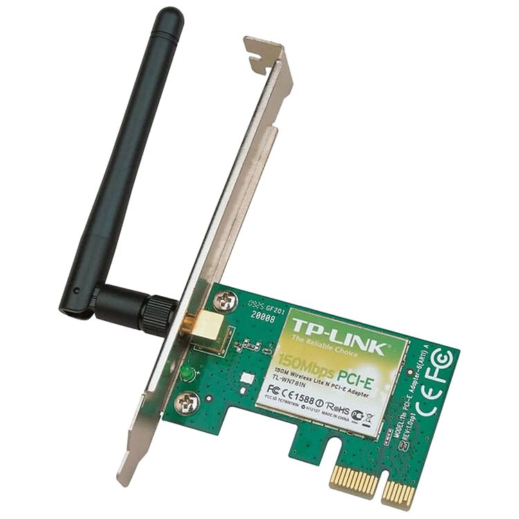Carte réseau sans fil TP-Link PCI-E avec une antenne noire pour une connexion Wi-Fi.