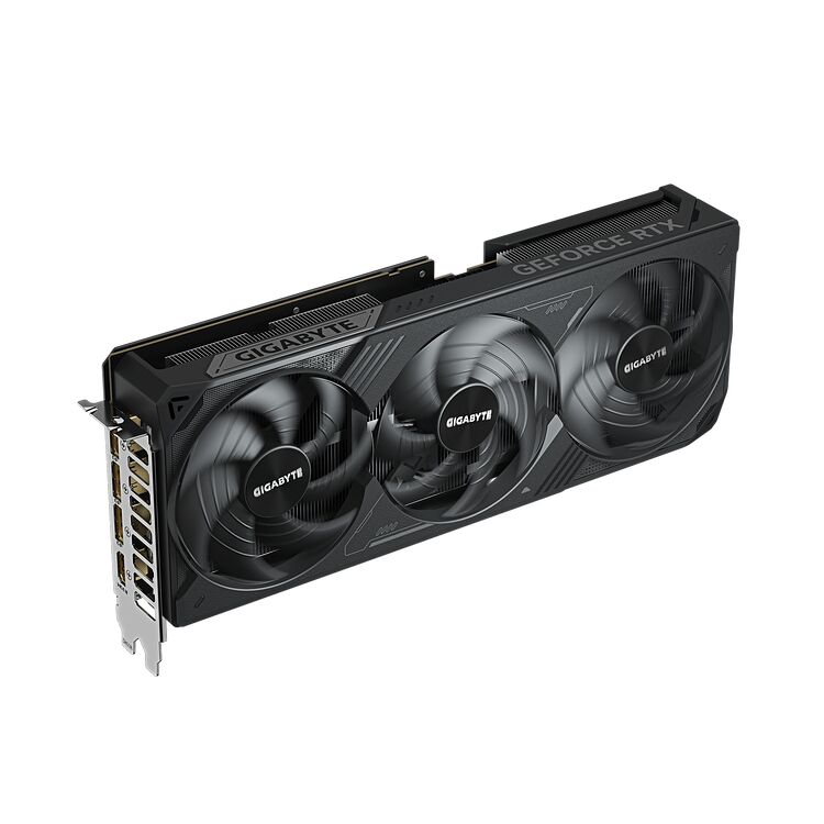 Carte graphique Gigabyte GeForce RTX avec trois ventilateurs de refroidissement sur un fond noir.