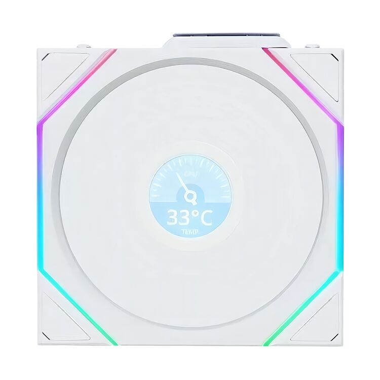 Ventilateur de processeur blanc avec éclairage RGB sur les côtés et un écran central affichant une température de 33°C.