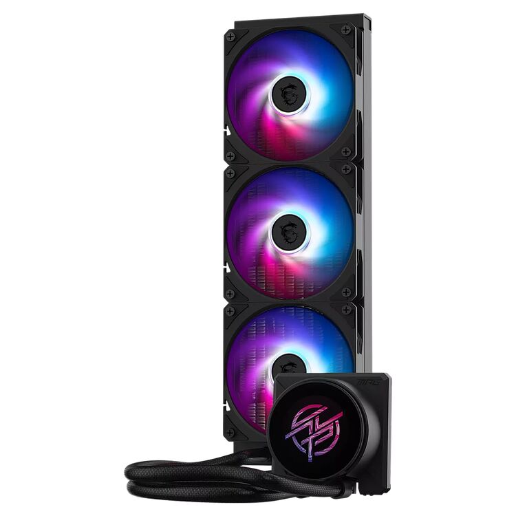 Refroidisseur liquide Corsair avec trois ventilateurs à éclairage RGB multicolore et une pompe avec logo lumineux.