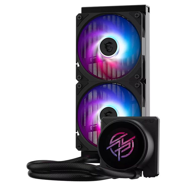 Refroidisseur CPU Corsair avec deux ventilateurs à éclairage RGB violet et bleu sur un radiateur noir.