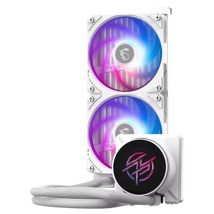 Refroidisseur liquide blanc avec deux ventilateurs à éclairage RGB violet et bleu, accompagné d'un bloc de pompe arborant un logo stylisé.