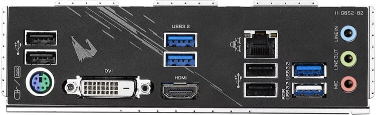 Panneau arrière d'une carte mère avec divers connecteurs : ports USB 3.2 bleus, ports HDMI et DVI, ports USB classiques, prise audio et port Ethernet.