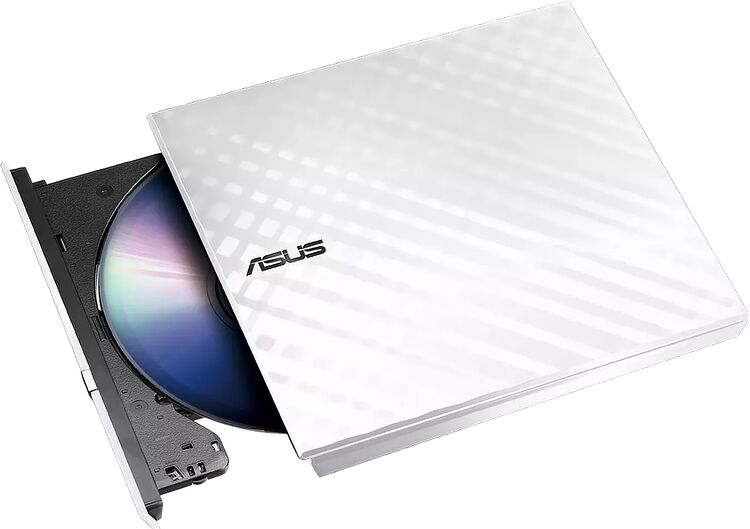 Lecteur de disque externe Asus de couleur blanche, avec un disque compact inséré dans le tiroir ouvert.