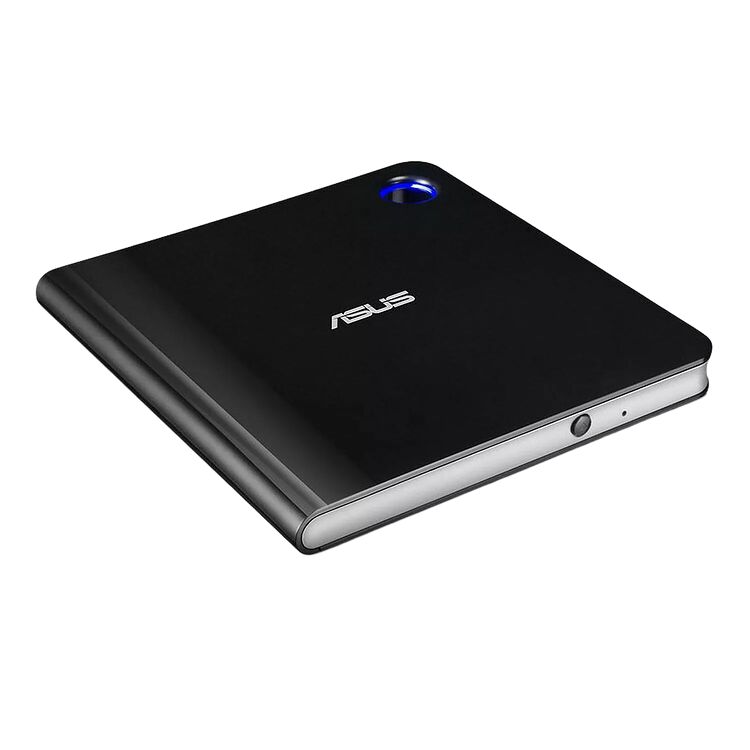 Un disque dur externe ASUS de couleur noire avec un voyant lumineux bleu sur le dessus.
