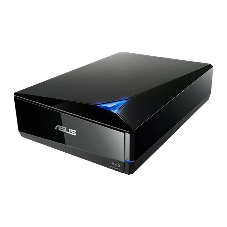 Un lecteur Blu-ray externe de marque ASUS, de couleur noire avec un design brillant et un voyant lumineux bleu.