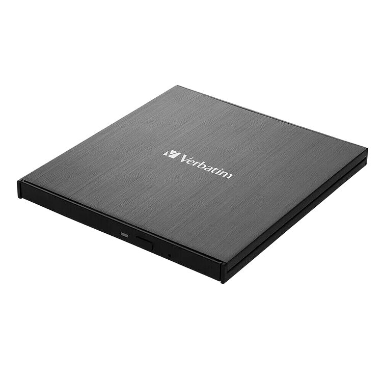 Disque dur externe Verbatim de couleur noire avec une finition brossée.