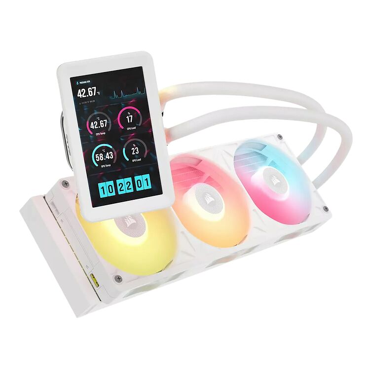 Watercooling AIO blanc avec un écran LCD intégré affichant les températures du processeur et de la carte graphique, accompagné de trois ventilateurs RGB.
