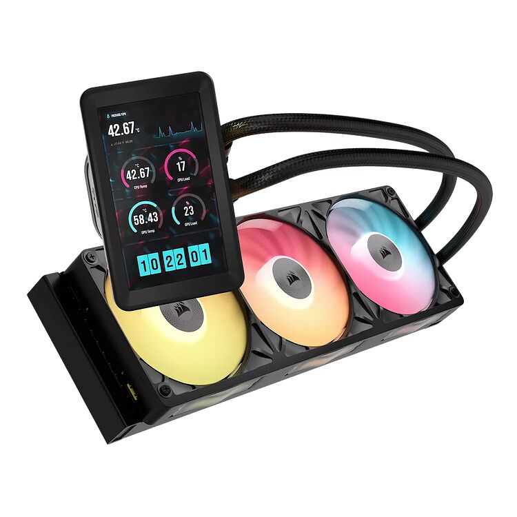 Un kit de refroidissement liquide Corsair avec un écran LCD intégré affichant les températures du processeur et de la carte graphique, accompagné de trois ventilateurs RGB.
