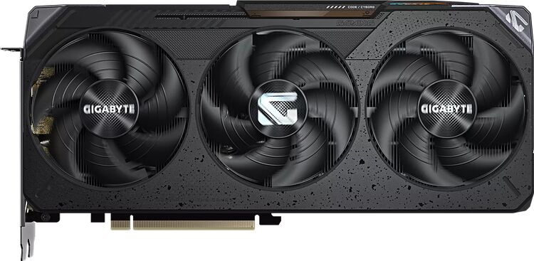 Carte graphique Gigabyte avec trois ventilateurs noirs et un éclairage discret sur le côté.