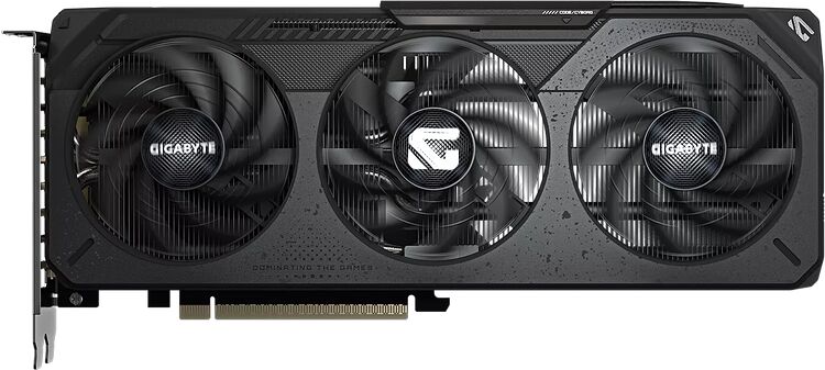 Carte graphique Gigabyte avec trois ventilateurs de refroidissement sur fond noir.