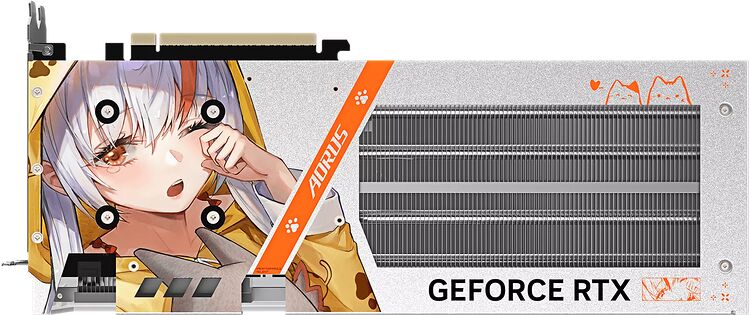 Carte graphique Aorus GeForce RTX avec un design illustré de personnage d'anime sur le côté.