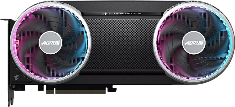 Carte graphique Aorus avec deux ventilateurs rétroéclairés en RGB et le logo Aorus sur les moyeux.