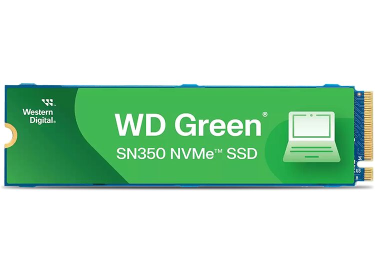 SSD NVMe WD Green SN350 de format M.2, de couleur verte et blanche.