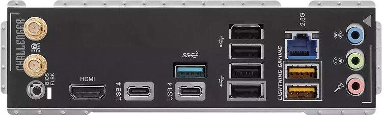 Panneau arrière d'une carte mère Challenger avec divers ports de connexion : HDMI, USB 4, ports USB classiques, port Ethernet 2.5G et connecteurs audio.