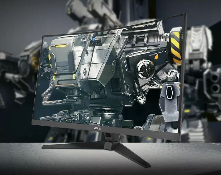 Écran de PC gamer ASUS affichant une illustration de robot de science-fiction sur un fond sombre.