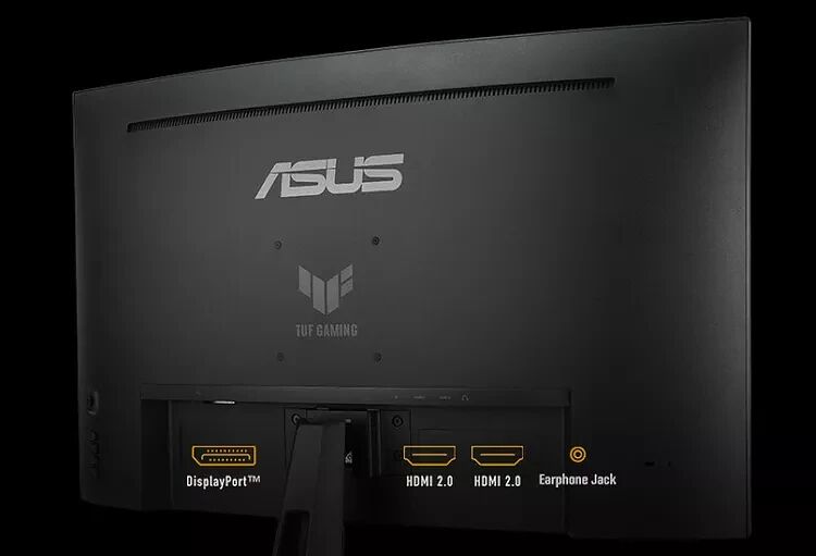 L'arrière d'un écran ASUS TUF Gaming montrant ses connectiques : un port DisplayPort, deux ports HDMI 2.0 et une prise jack pour casque.
