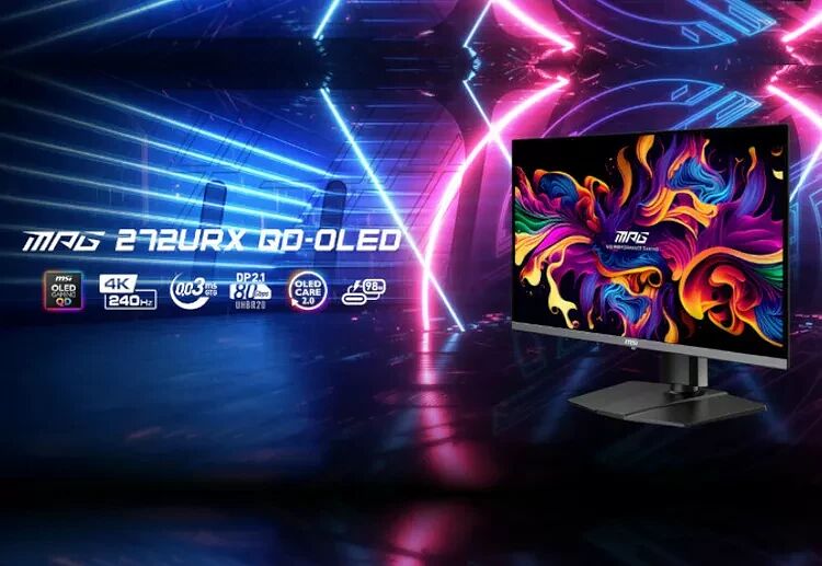 Écran MSI MAG QD-OLED avec une résolution 4K et un taux de rafraîchissement de 240Hz, affichant des couleurs vives sur un fond abstrait néon.