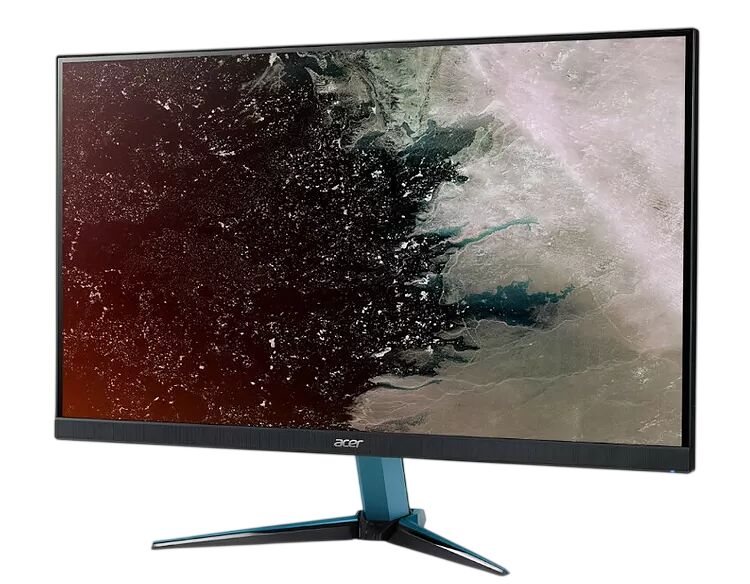 Écran de PC Acer affichant un fond d'écran abstrait aux tons sombres et clairs. L'écran possède des bordures fines et un pied de support noir.