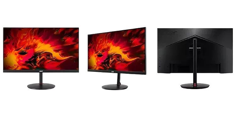 Trois vues d'un écran Acer montrant l'avant, le profil et l'arrière de l'écran avec son pied de support noir. L'écran affiche un fond d'écran abstrait aux couleurs rouge et orange.