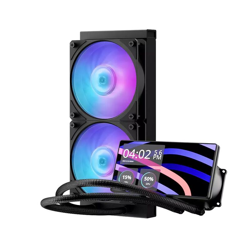 Refroidisseur liquide pour PC avec deux ventilateurs à éclairage RGB et un écran LCD intégré affichant des informations système.