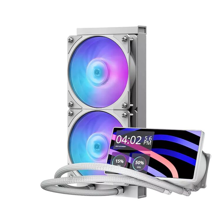 Refroidisseur liquide pour PC avec deux ventilateurs à éclairage RGB et un écran LCD intégré affichant l'heure et les statistiques du système.