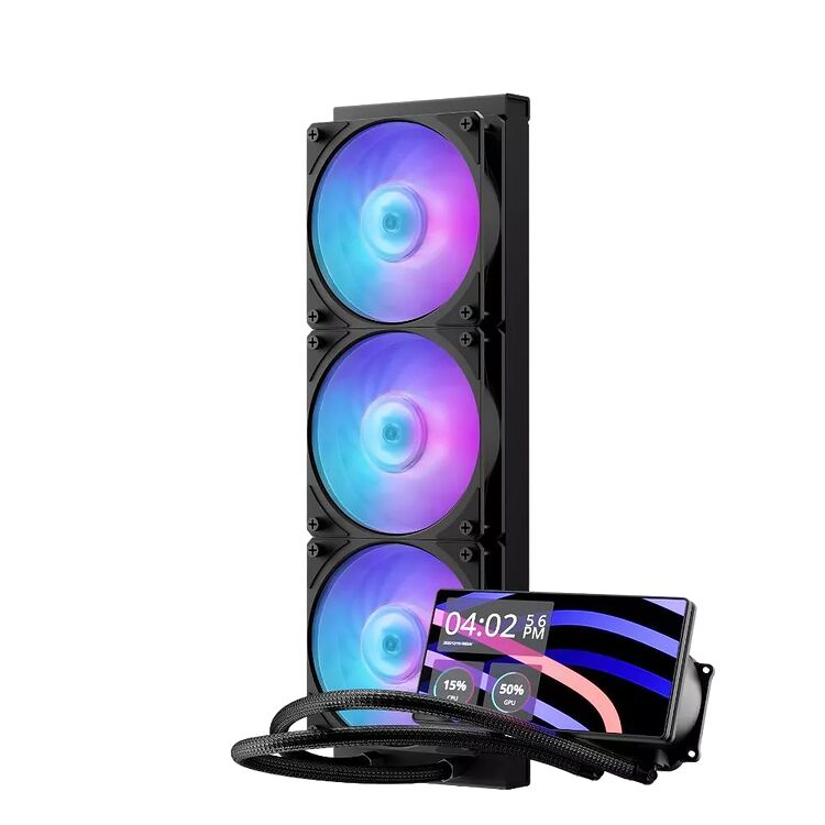 Refroidisseur liquide pour PC avec trois ventilateurs à éclairage RGB et un écran LCD intégré affichant des informations système.