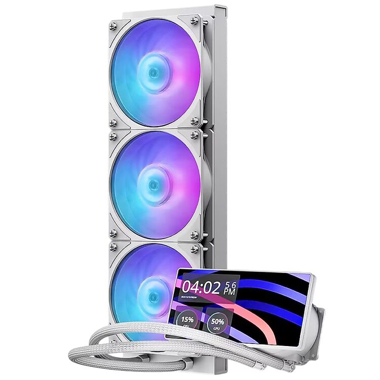 Refroidisseur liquide pour PC avec trois ventilateurs à éclairage RGB et un écran LCD intégré affichant des informations système.