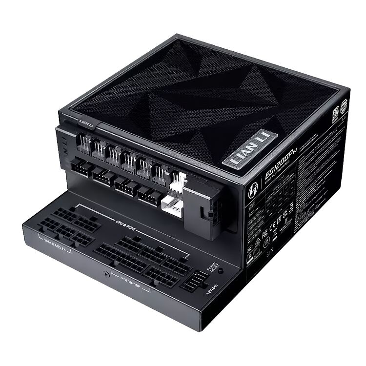 Bloc d'alimentation Lian Li EG1200P de couleur noire, présentant divers connecteurs pour CPU, PCIe, SATA et Molex sur le devant.