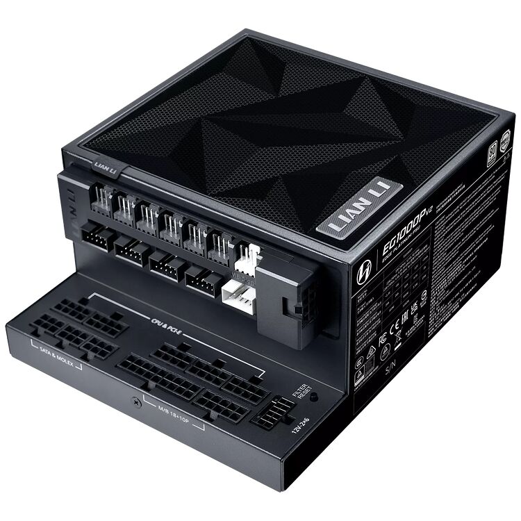 Bloc d'alimentation Lian Li EC1000P de 1000W avec divers connecteurs pour CPU, PCIe, SATA et Molex.