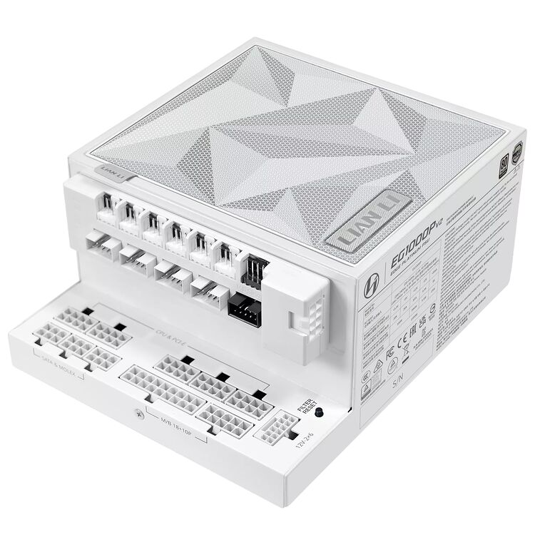 Bloc d'alimentation blanc Lian Li avec ses différents connecteurs pour CPU, PCIe, SATA et Molex.