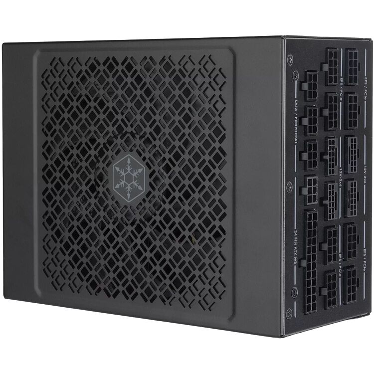 Bloc d'alimentation modulaire noir avec une grille de ventilation sur le dessus et divers connecteurs visibles sur le côté, notamment des ports EPS/PCIe, SATA et 24-pin ATX.