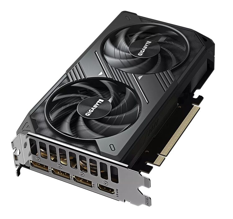 Carte graphique Gigabyte avec deux ventilateurs noirs et un design sobre.