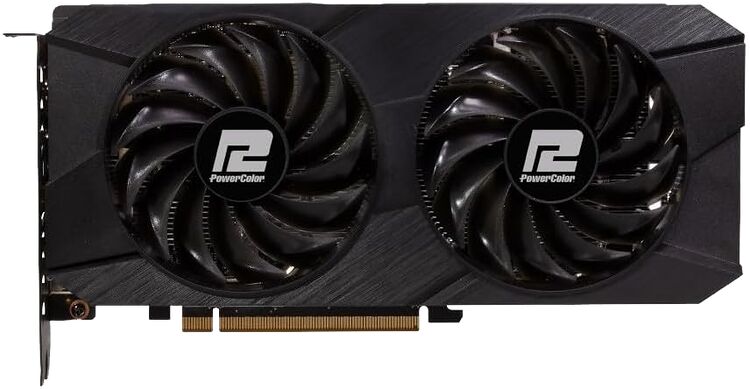 Carte graphique PowerColor avec deux ventilateurs noirs et le logo de la marque sur chaque pale.