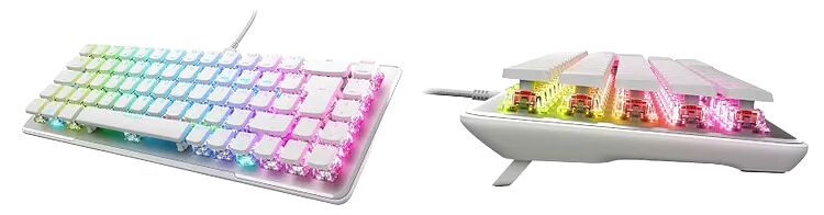 Clavier mécanique blanc avec rétroéclairage RGB multicolore, présenté sous deux angles différents pour montrer les touches et la base.
