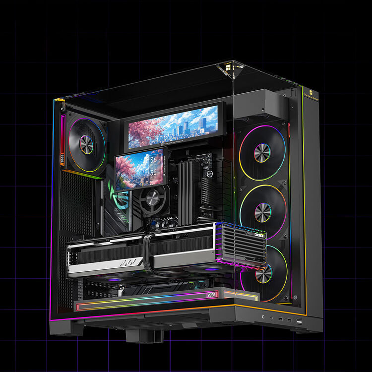 Un PC avec un boîtier vitré affichant des éclairages RGB colorés, équipé de plusieurs ventilateurs lumineux et de deux écrans internes intégrés.
