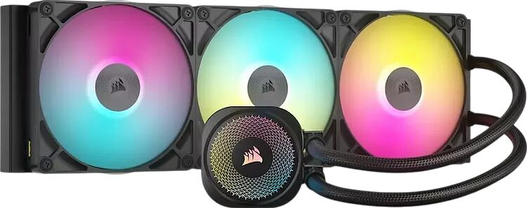 Refroidisseur liquide Corsair avec trois ventilateurs à éclairage RGB multicolore et une pompe centrale assortie.