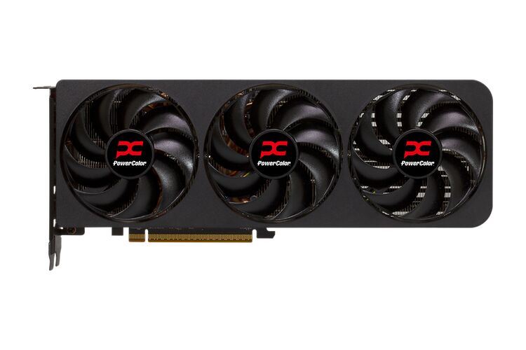 Carte graphique PowerColor avec trois ventilateurs noirs et un éclairage rouge discret sur les pales.